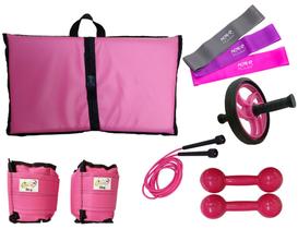 Kit Tornozeleira 5KG Rosa + Halteres 5KG Rosa + Colchonete Rosa + MiniBand + Roda Rosa + Pula Corda