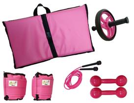 Kit Tornozeleira 5KG Rosa + Halteres 5KG Rosa + Colchonete Rosa + Roda Rosa + Pula Corda