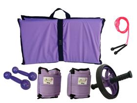 Kit Tornozeleira 6KG Lilás + Halteres 6KG Lilás + Colchonete Lilás + Roda Preta + Pula Corda