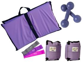 Kit Tornozeleira 6KG Nylon Lilás + Halteres 6KG Lilás + Colchonete Dobravel Lilás + MiniBand