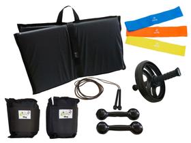 Kit Tornozeleira 6KG Preto + Halteres 6KG Preto + Colchonete Preto + MiniBand + Roda + Pula Corda