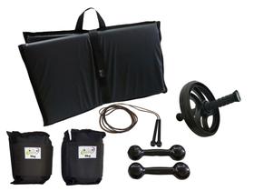 Kit Tornozeleira 6KG Preto + Halteres 6KG Preto + Colchonete Preto + Roda Preta + Pula Corda