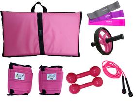 Kit Tornozeleira 6KG Rosa + Halteres 6KG Rosa + Colchonete Rosa + MiniBand + Roda Rosa + Pula Corda