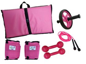Kit Tornozeleira 6KG Rosa + Halteres 6KG Rosa + Colchonete Rosa + Roda Abdominal Rosa + Pula Corda