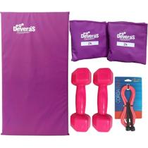 Kit: Tornozeleiras 2 kg + Halteres PVC 3 kg + Corda + Colchonete P