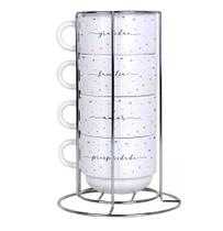 Kit Torre Com 4 xícaras de Porcelana Louça Com Suporte Personalizado Com Frases