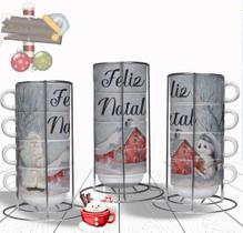 Kit Torre com 4 Xícaras Personalizada com Suporte Feliz Natal
