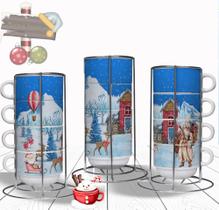Kit Torre com 4 Xícaras Personalizada com Suporte Natalina