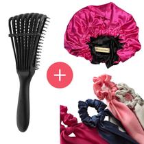 Kit Touca Cetim Adulto + Escova Basic + 5 Scrunchies Cores Sortida - Encaracolados