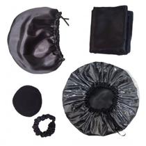 Kit Touca de Bnaho Touca Nero Fronha de Cetim Ecopad de Microfibra e Scrunchie de Cetim