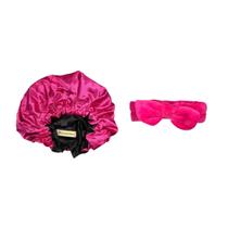 Kit Touca de Cetim Adulto Rosa/Preto + Faixa Headband Preto - Encaracolados Kit Touca de Cetim Adulto Rosa/Preto + Faixa Headband Preto - Encaracolados