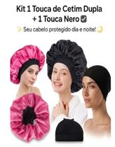 Kit Touca de Cetim Dupla e Touca Nero Touca de Dormir Anti Frizz Para Cabelo Cacheado, Crespo e Liso