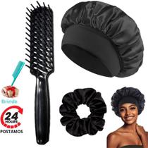 Kit Touca de Cetim Faixa Larga Anti Frizz + Xuxinha Fru fru de Cetim + Escova Cabelo Raquete Vazada Kit Touca de Cetim Faixa Larga Anti Frizz + Xuxinha Fru fru de Cetim + Escova Cabelo Raquete Vazada