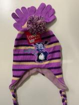 Kit Touca De Lã Tranças Pompom + Par De Luvas Vampirinha Inverno Infantil