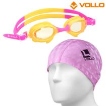 Kit touca de natação pu rosa + óculos de natação shark fin rosa e amarelo - vollo