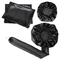 Kit Touca Difusora + 1 Touca + 2 Fronhas Cetim Seda Preta