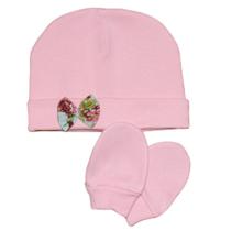 Kit Touca e Luva de Bebê Lacinho Floral Rosa Malha