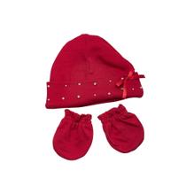 Kit touca e luva suedine pérolas e strass - Vermelho