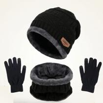 Kit Touca Gorro Cachecol Echarpe Luva Inverno Lã Pelinho Cor Preto Kit Touca Gorro Cachecol Echarpe Luva Inverno Lã Pelinho Cor Preto
