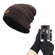 Kit Touca Gorro Lã Forrada + Luva Touch Mexer Celular Tablet