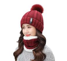Kit Touca Gorro PomPom Cachecol Gola Forrada Lã Inverno Frio