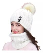 Kit Touca Gorro PomPom Cachecol Gola Forrada Lã Inverno Frio