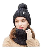 Kit Touca Gorro PomPom Cachecol Gola Forrada Lã Inverno Frio