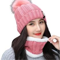 Kit Touca Gorro PomPom Cachecol Gola Forrada Lã Inverno Frio