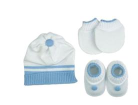 Kit Touca Luva e Sapatinho Tricot Tricô Canelado Azul para Bebê Menino RN 0 a 3 meses TRICART