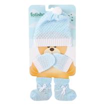 Kit Touca Luva Meia Bebê Recém Nascido Infantil para Saída Maternidade Tricô Azul 3 Peças Fofinho 90042 Cor:Azul Bebê