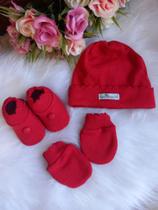 Kit Touca + Luva + Sapatinho Em Linho trico Bebês RN - vermelho