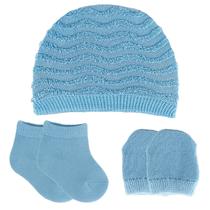 Kit Touca Meias E Luvas Azul Claro Menino Roupinha Para Bebê Recém Nascido