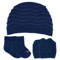 Kit Touca Meias E Luvas Azul Marinho Menino Roupinha Para Bebê Recém Nascido