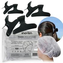 Kit Touca TNT Descartável 100Und e Piranha Prendedor de Cabelo 6Und