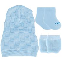 Kit Touquinha Luva E Meia Saída Maternidade Cor Azul Claro Bebê Menino - Centopé Kit Touquinha Luva E Meia Saída Maternidade Cor Azul Claro Bebê Menino - Centopé