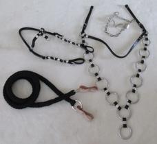 Kit Traia Completo Preto Cabeçada Muladeiro Argolada Única + Peitoral + Freio Inox + Rédea De Lã Top