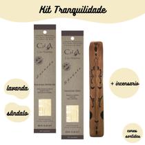 Kit Tranquilidade - 2 Incensos Naturais com Oleos Essenciais Lavanda e Sandalo + Incensario de Madeira