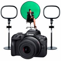 Kit Transmissão Ao Vivo Câmera Canon R100 Com Lente 18-45mm + 2 Luz Led Mesa + Chroma Key