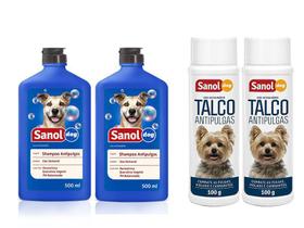 Kit Tratamento Anti Pulga para Cachorro: 2 Shampoos Anti pulgas e 2 Talcos Anti pulgas para o animal e Ambiente Sanol