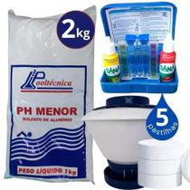 Kit Tratamento para Piscina 1kg Cloro em Pastilha Clorador Margarida 2kg Sulfato de Alumínio Estojo pH Cloro Kit Tratamento para Piscina 1kg Cloro em Pastilha Clorador Margarida 2kg Sulfato de Alumínio Estojo pH Cloro