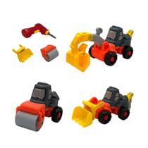 Kit Trator 3 em 1 Escavadeira Guincho e Rolo com Ferramentas Monta e Desmonta Brinquedo Infantil Colorido