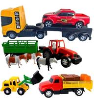 Kit Trator Animais Fazendinha + Caminhão Carrinhos Brinquedo Infantil Meninos Presente