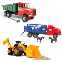 Kit Trator Retroescavadeira Escavadeira Caminhão Basculante Com Pá Boiadeiro Grande Brinque - Toys