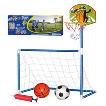 Kit trave gol a gol cesta tabela de basquete 2 em 1 esporte infantil 2 bolas e bomba de encher - MAKETOYS