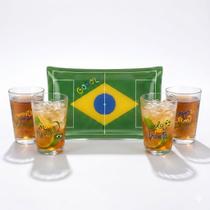Kit Travessa de Vidro e 4 Copos Americanos 190ml Copa do Mundo Brasil Petisqueira Torcida Brasileira