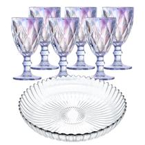 Kit Travessa Prato Fruteira Jogo Conjunto 6 Taças de Vidro Grosso Diamond Diamante 340ml