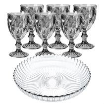Kit Travessa Prato Fruteira Jogo Conjunto 6 Taças Vidro Cinza Grosso Diamond Diamante Vinho Água Luxo Gourmet 340ml