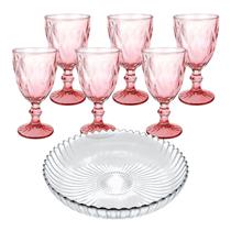 Kit Travessa Prato Fruteira Jogo Conjunto 6 Taças Vidro Rosa Grosso Diamond Diamante Vinho Água Luxo Gourmet 340ml Kit Travessa Prato Fruteira Jogo Conjunto 6 Taças Vidro Rosa Grosso Diamond Diamante Vinho Água Luxo Gourmet 340ml
