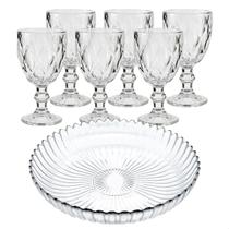 Kit Travessa Prato Fruteira Jogo Conjunto 6 Taças Vidro Transparente Grosso Diamond Diamante Vinho Água Gourmet 340ml