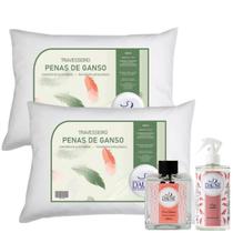 Kit Travesseiro de Pena Daune 2 Peças 50x70 + 1 Água de Lençol Frutas Vermelhas + 1 Difusor Flor de Melancia